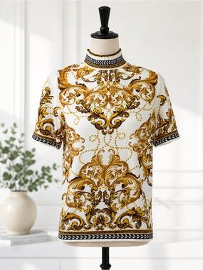 Ornate Baroque Print Short Sleeve Top - White & Gold